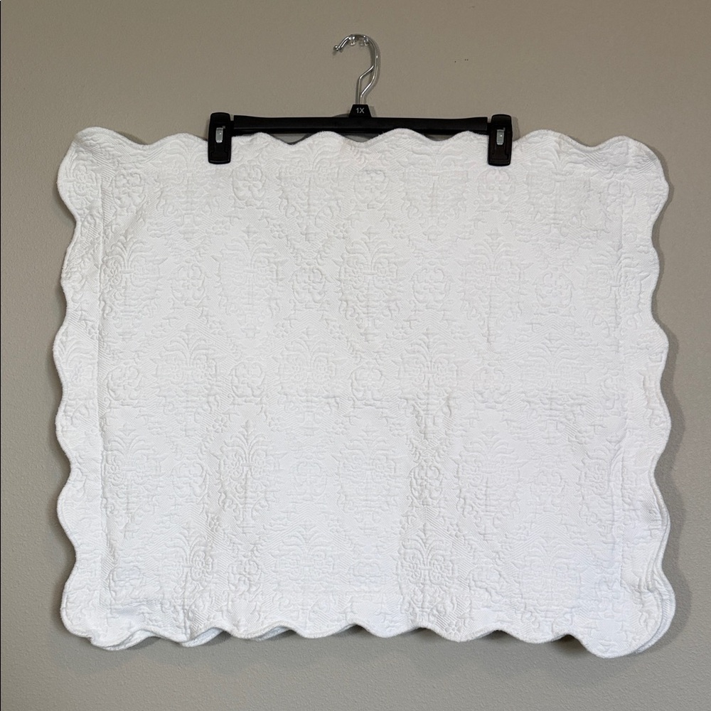 White Quilted Damask Pillow Cushion Covers (2), scalloped edges, 100% cotton.